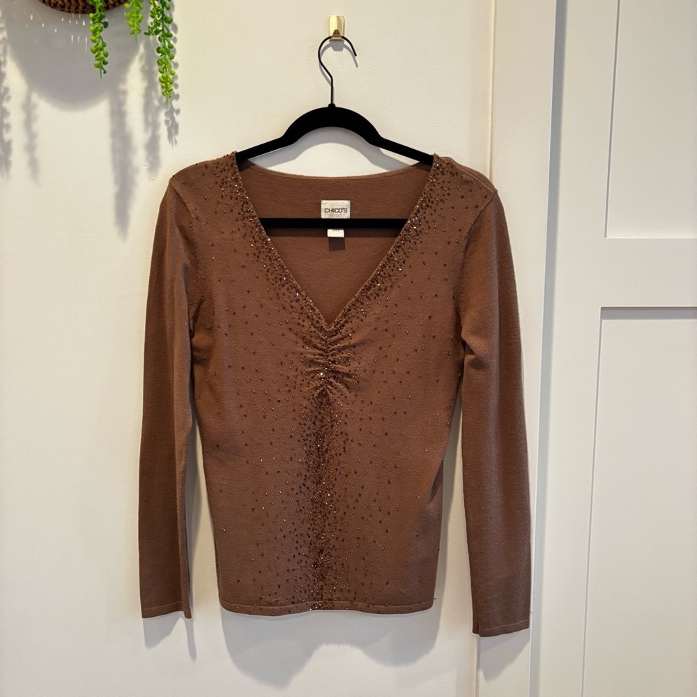 Chico's V-neck Women's Sweater Taupe Brown Shimmer Beaded Long Sleeve Size 0